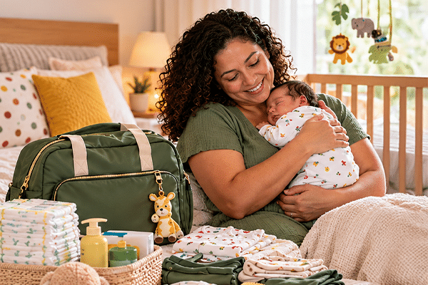Mamãe com bebê recém-nascido, tema do Kit Natalidade Sinbraf-RS